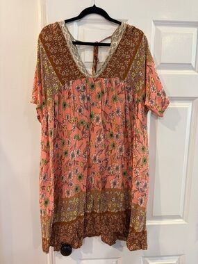 Floral Lace-Trim Pink Boho Dress